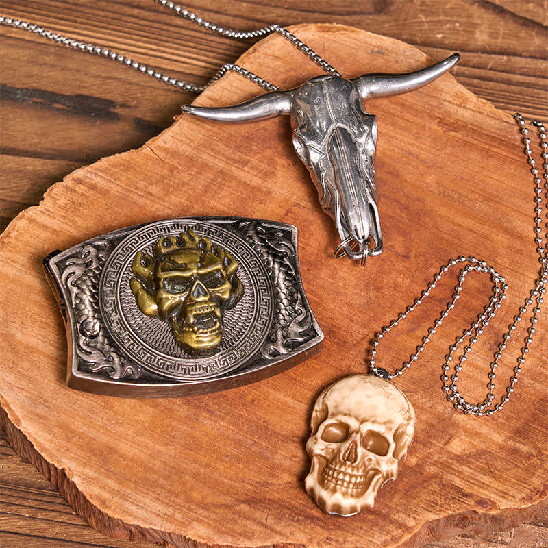 Gold Skull DIY Hidden Knife Belt Buckle Bull Pendant Skull Head Necklace Bundle Set