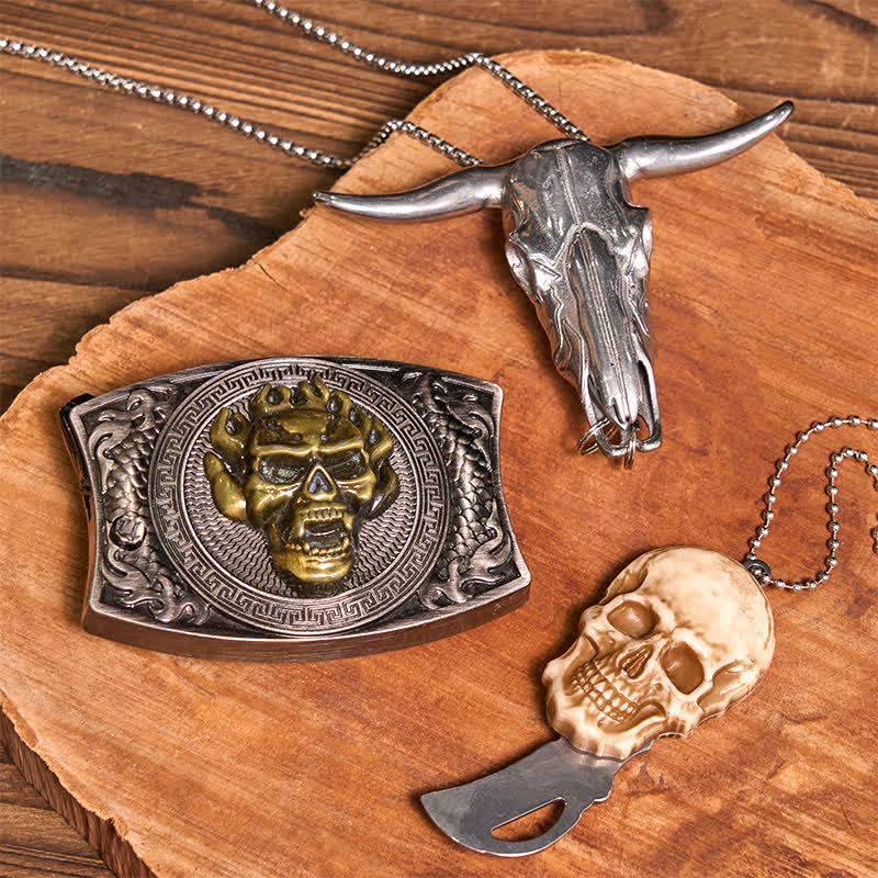 Gold Skull DIY Hidden Knife Belt Buckle Bull Pendant Skull Head Necklace Bundle Set