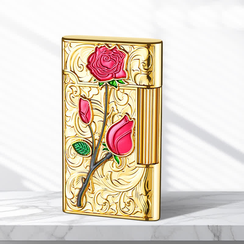 Gold Red Rose Flint Side Slide Refillable Butane Lighter