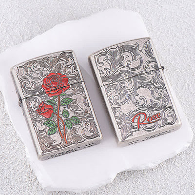 Painted Rose Relief Pattern Refillable Kerosene Lighter