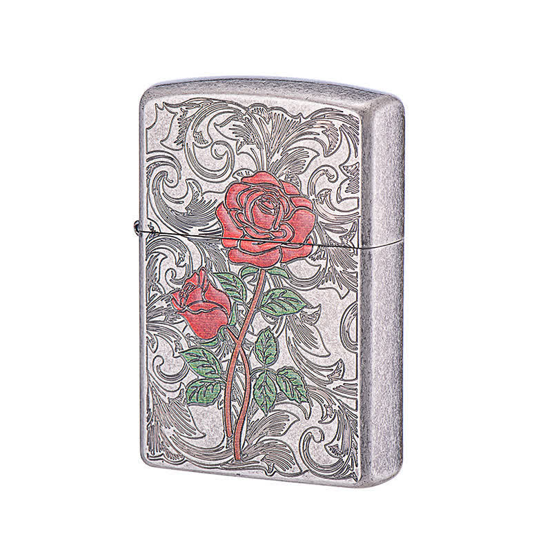 Painted Rose Relief Pattern Refillable Kerosene Lighter