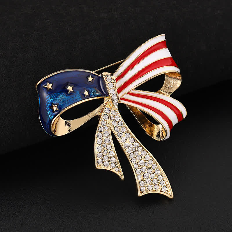 American Flag Bow Knot Rhinestone Brooch