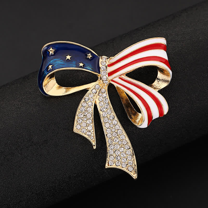 American Flag Bow Knot Rhinestone Brooch