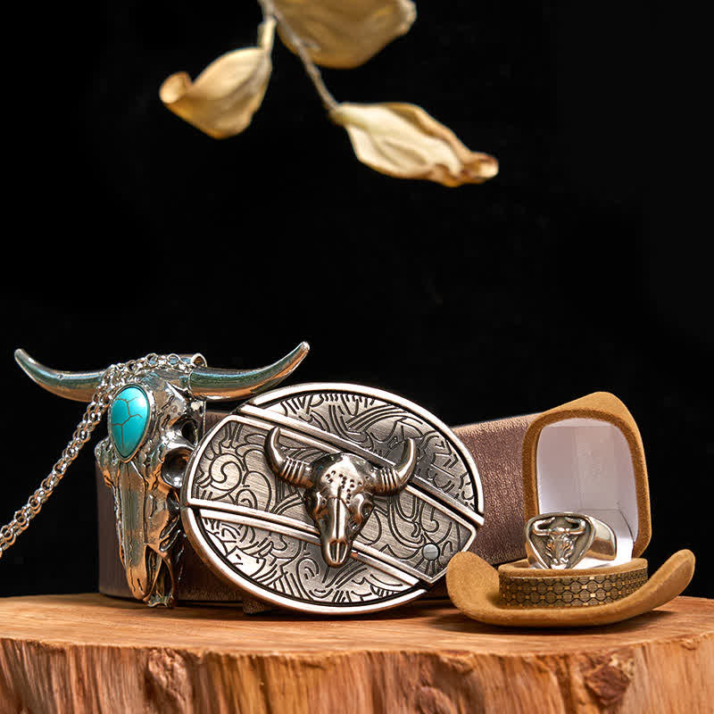 Turquoise Longhorn Bull DIY Hidden Knife Belt Buckle Pendant Ring Bundle Set