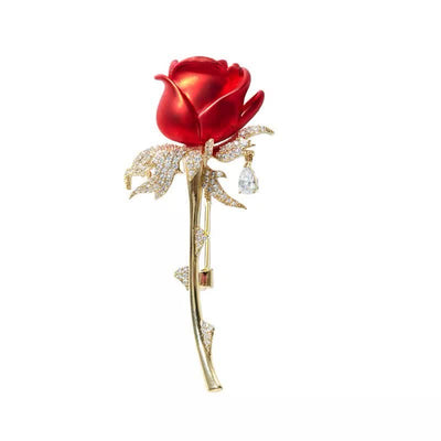 Women's Charming Red Rose Shiny Rhinestone Brooch