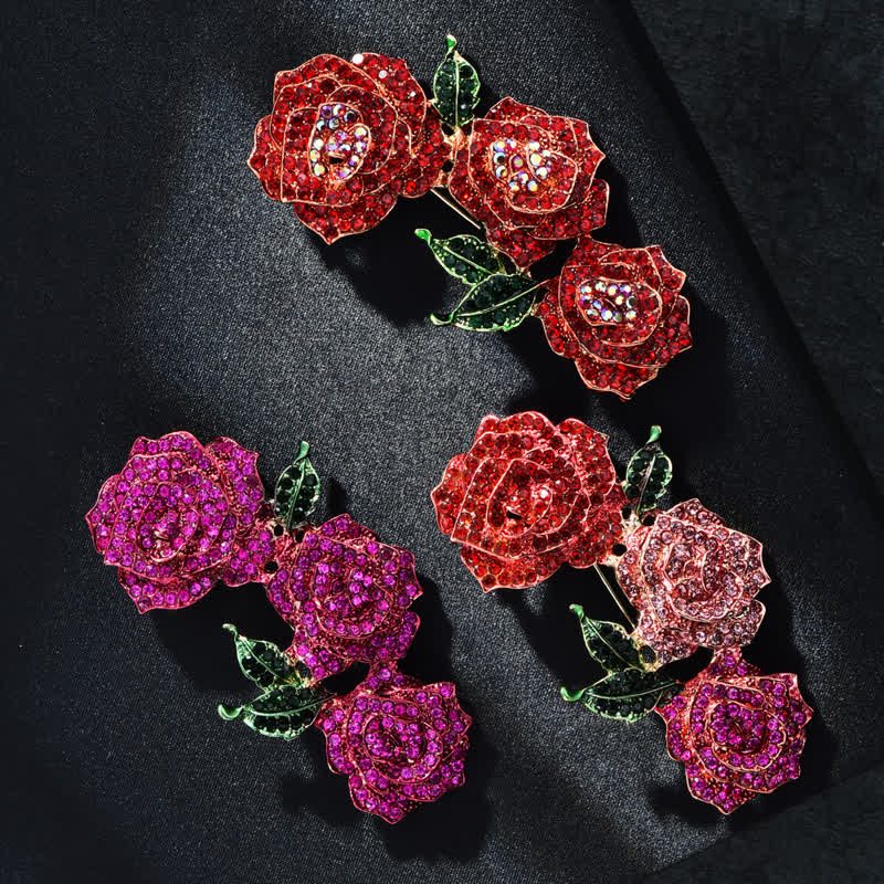 Women's Triple Beauty Roses Sparkling Rhinestone Brooch