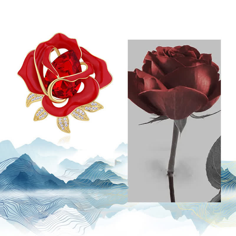 Women's Elegant Red Rose Crystal Bud Brooch