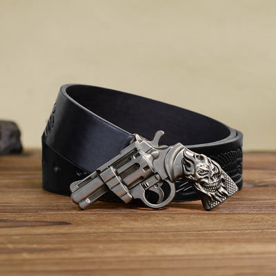 Men's DIY Pistol Gun Flame Skull Buckle Leather Belt