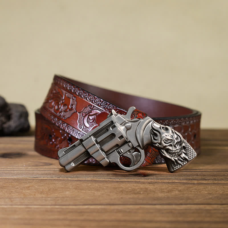 Men's DIY Pistol Gun Flame Skull Buckle Leather Belt