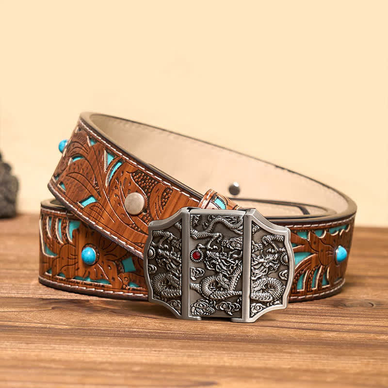 Men's DIY Antique Silver Dragon Leather Belt with Hidden Lighter