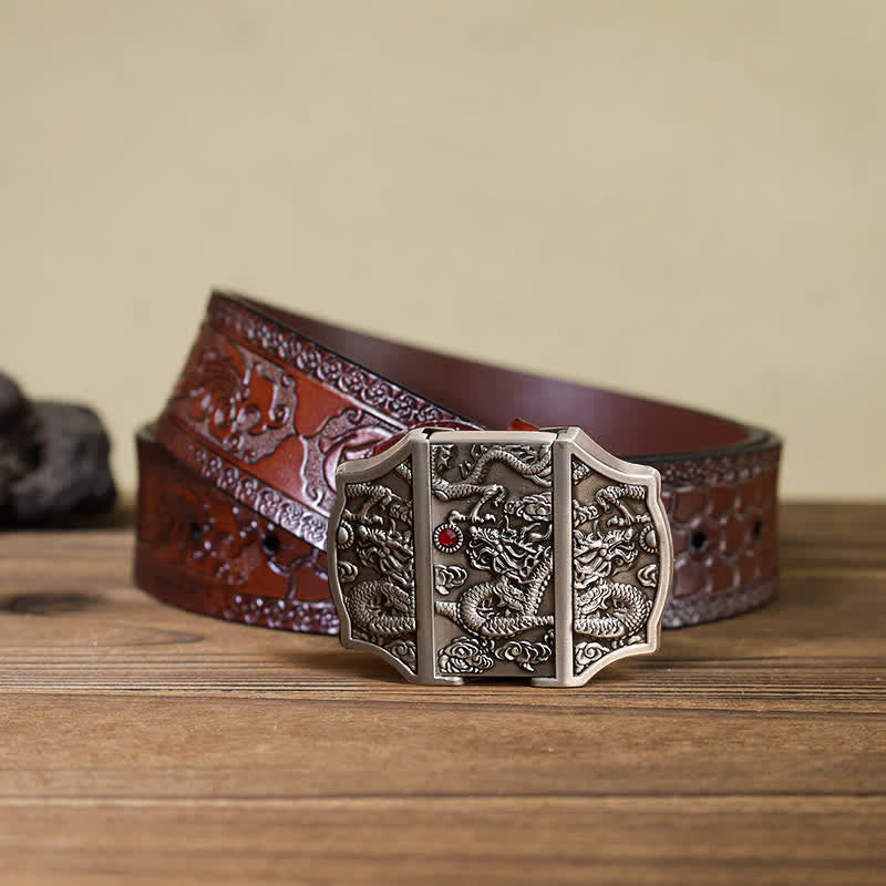 Men's DIY Antique Silver Dragon Leather Belt with Hidden Lighter