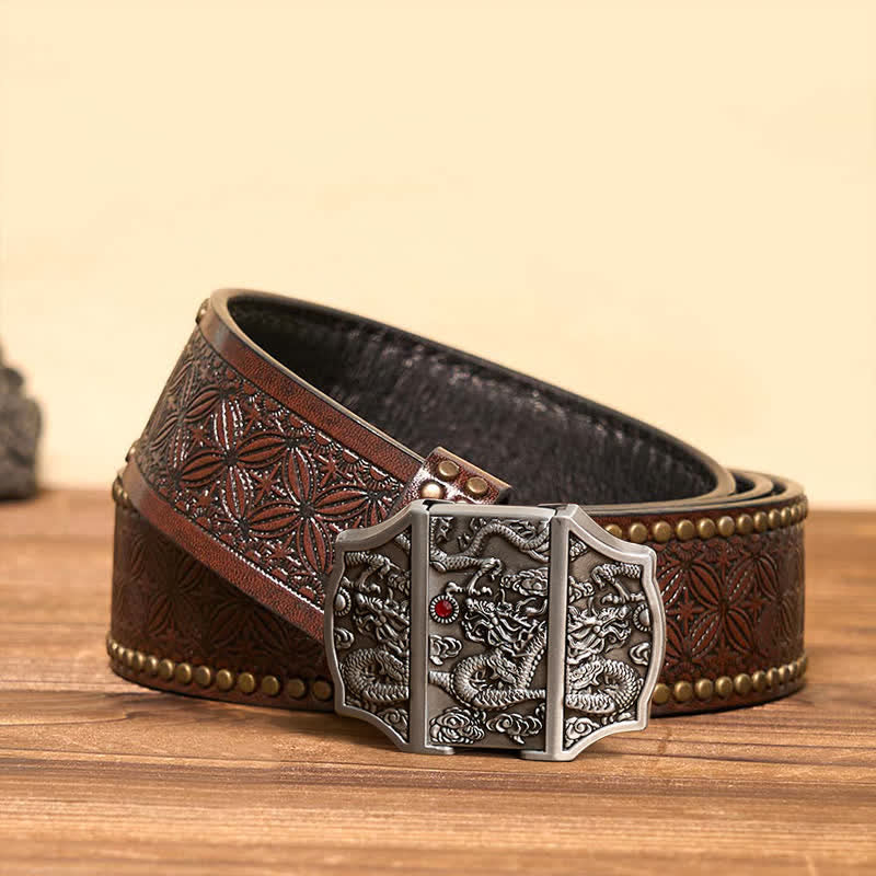 Men's DIY Antique Silver Dragon Leather Belt with Hidden Lighter