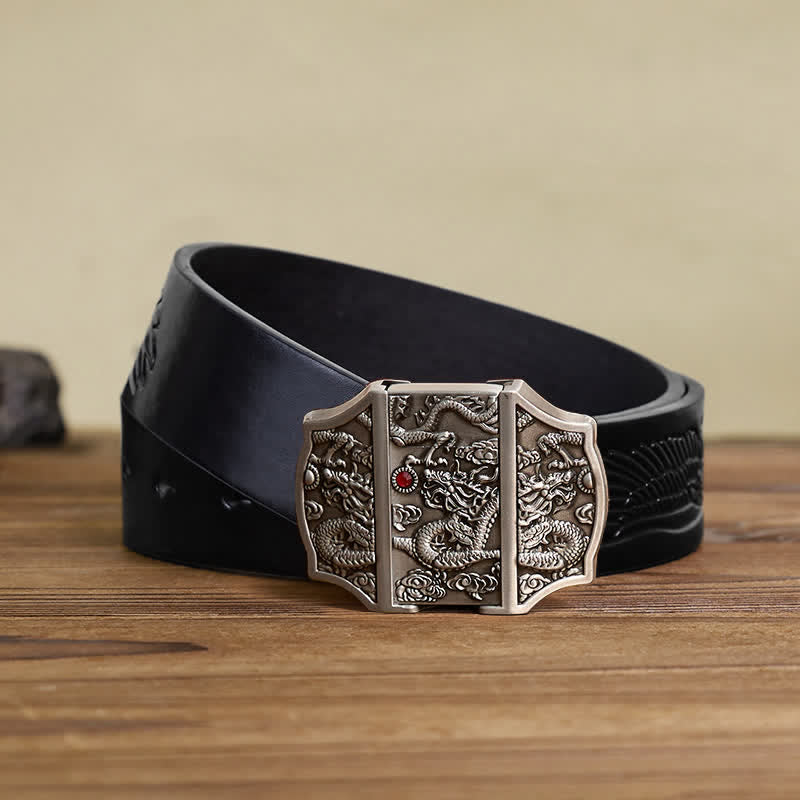 Men's DIY Antique Silver Dragon Leather Belt with Hidden Lighter