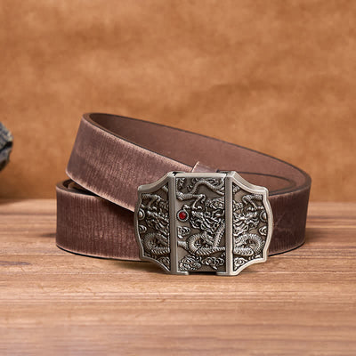 Men's DIY Antique Silver Dragon Leather Belt with Hidden Lighter