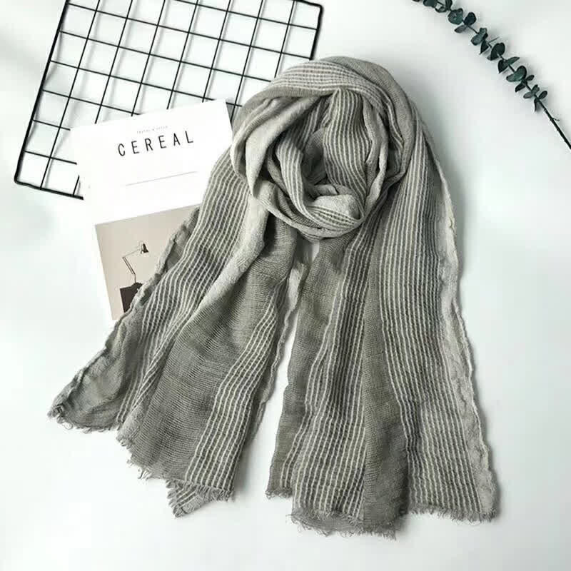 Short Fringe Vertical Stripes Wrinkles Lightweight Thin Scarf