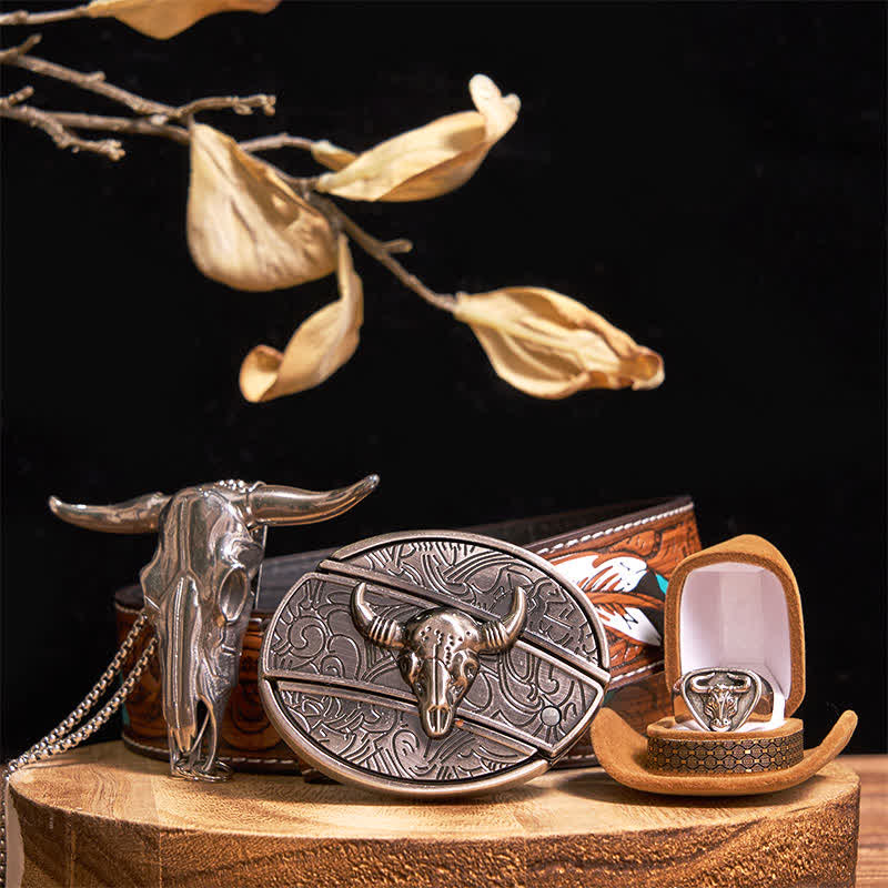 Longhorn Bull DIY Hidden Knife Belt Buckle Pendant Ring Bundle Set