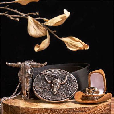 Longhorn Bull DIY Hidden Knife Belt Buckle Pendant Ring Bundle Set