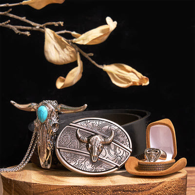 Turquoise Longhorn Bull DIY Hidden Knife Belt Buckle Pendant Ring Bundle Set