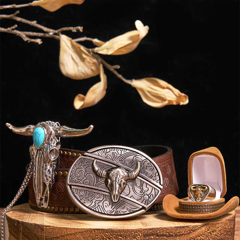 Turquoise Longhorn Bull DIY Hidden Knife Belt Buckle Pendant Ring Bundle Set