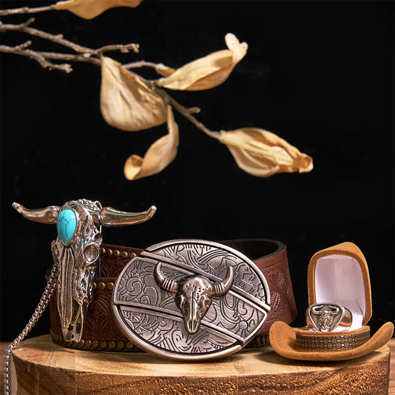 Turquoise Longhorn Bull DIY Hidden Knife Belt Buckle Pendant Ring Bundle Set