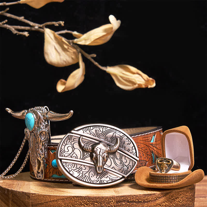 Turquoise Longhorn Bull DIY Hidden Knife Belt Buckle Pendant Ring Bundle Set