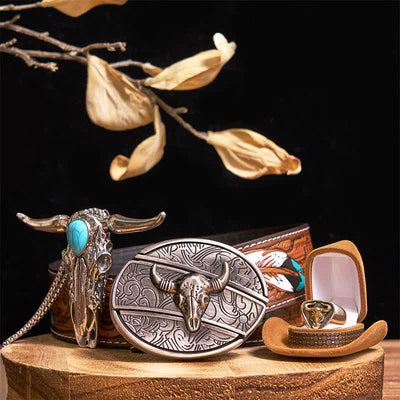 Turquoise Longhorn Bull DIY Hidden Knife Belt Buckle Pendant Ring Bundle Set