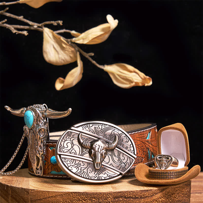 Turquoise Longhorn Bull DIY Hidden Knife Belt Buckle Pendant Ring Bundle Set