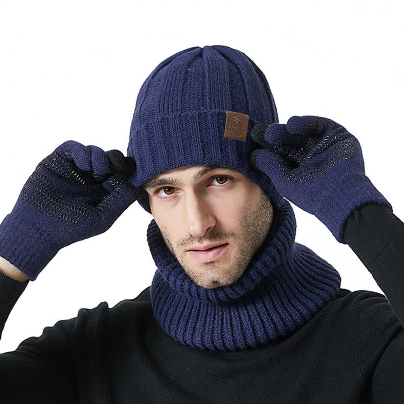 3Pcs Unisex Solid Color Hat Neck Warmer Gloves Set