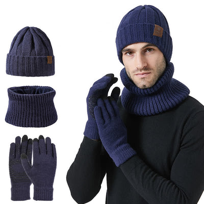 3Pcs Unisex Solid Color Hat Neck Warmer Gloves Set