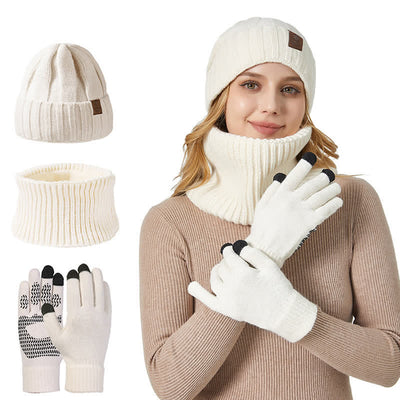 3Pcs Unisex Solid Color Hat Neck Warmer Gloves Set