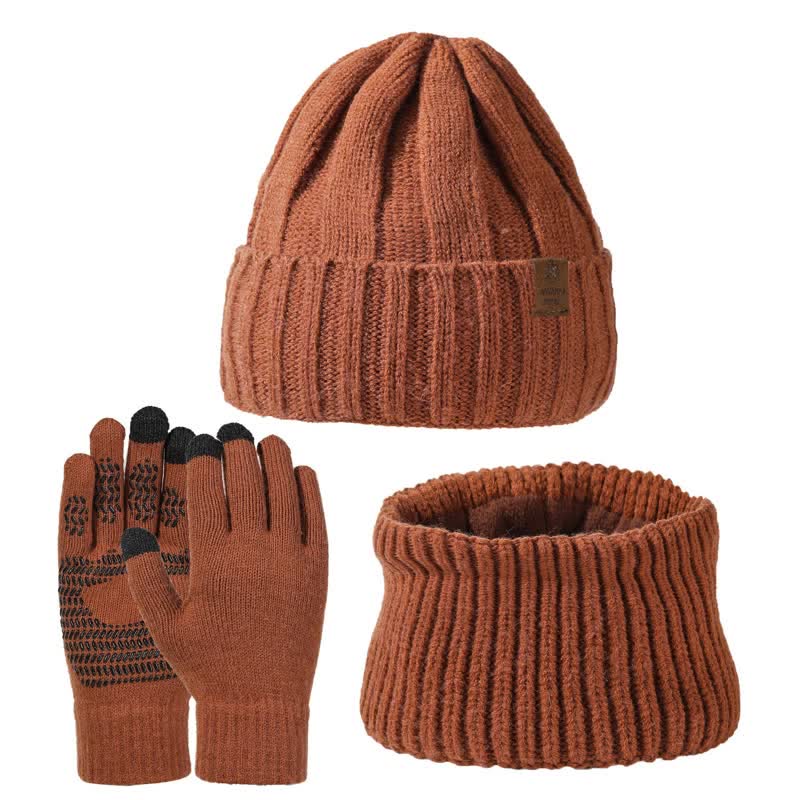 3Pcs Unisex Solid Color Hat Neck Warmer Gloves Set