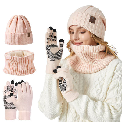 3Pcs Unisex Solid Color Hat Neck Warmer Gloves Set