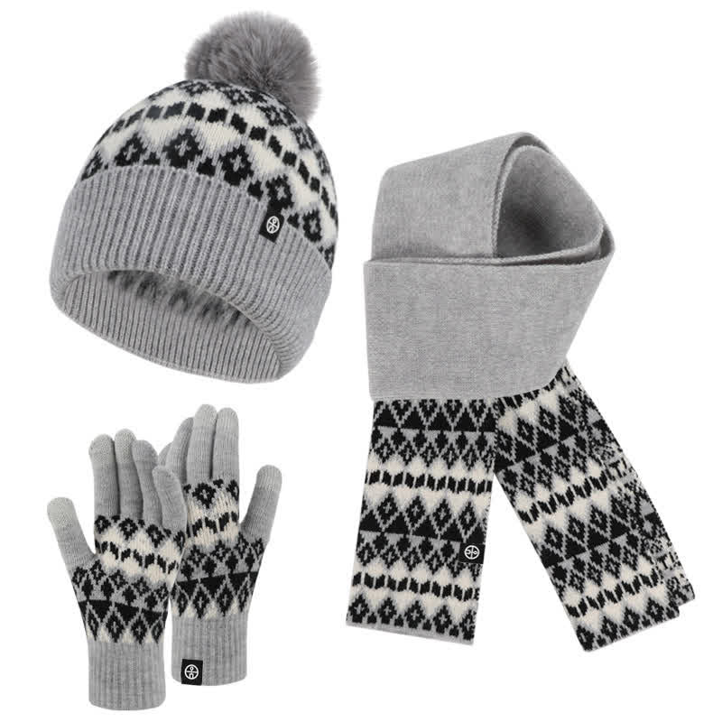 3Pcs Unisex Comfort Diamond Pattern Knitted Hat Scarf Gloves Set