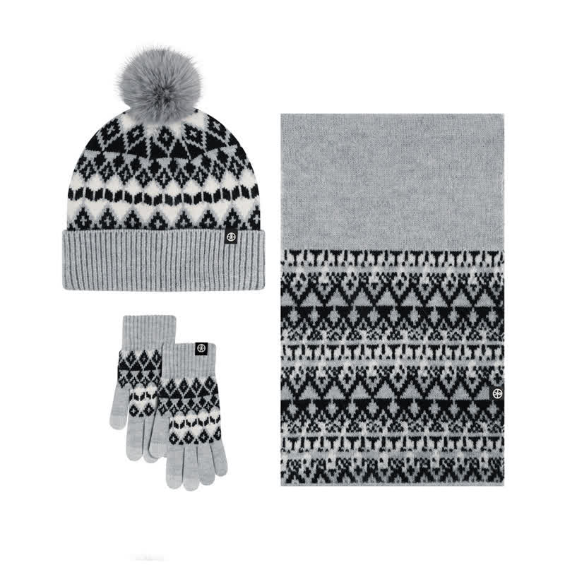 3Pcs Unisex Comfort Diamond Pattern Knitted Hat Scarf Gloves Set