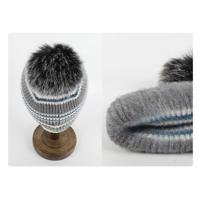 3Pcs Unisex Striped Pattern Fur Ball Knitted Hat Scarf Gloves Set