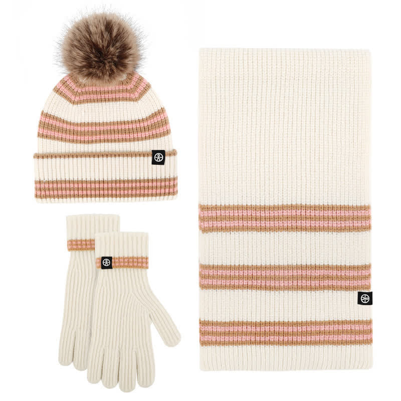 3Pcs Unisex Striped Pattern Fur Ball Knitted Hat Scarf Gloves Set