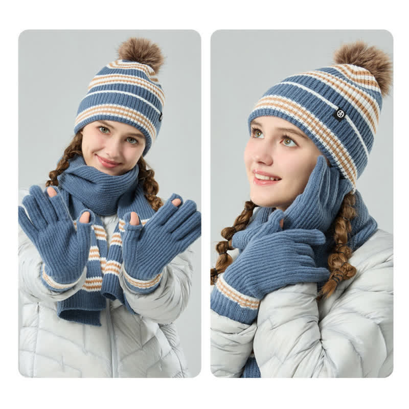 3Pcs Unisex Striped Pattern Fur Ball Knitted Hat Scarf Gloves Set