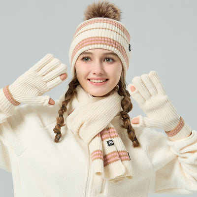 3Pcs Unisex Striped Pattern Fur Ball Knitted Hat Scarf Gloves Set