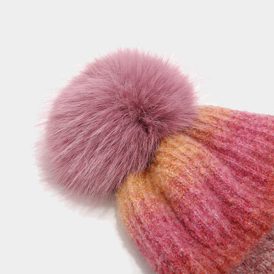 3Pcs Unisex Colorful Tie-Dyed Fur Ball Knitted Hat Scarf Gloves Set