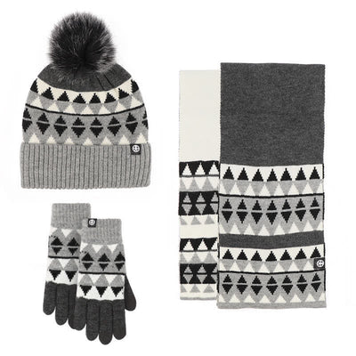 3Pcs Unisex Triangle Pattern Fur Pom Knitted Hat Scarf Gloves Set