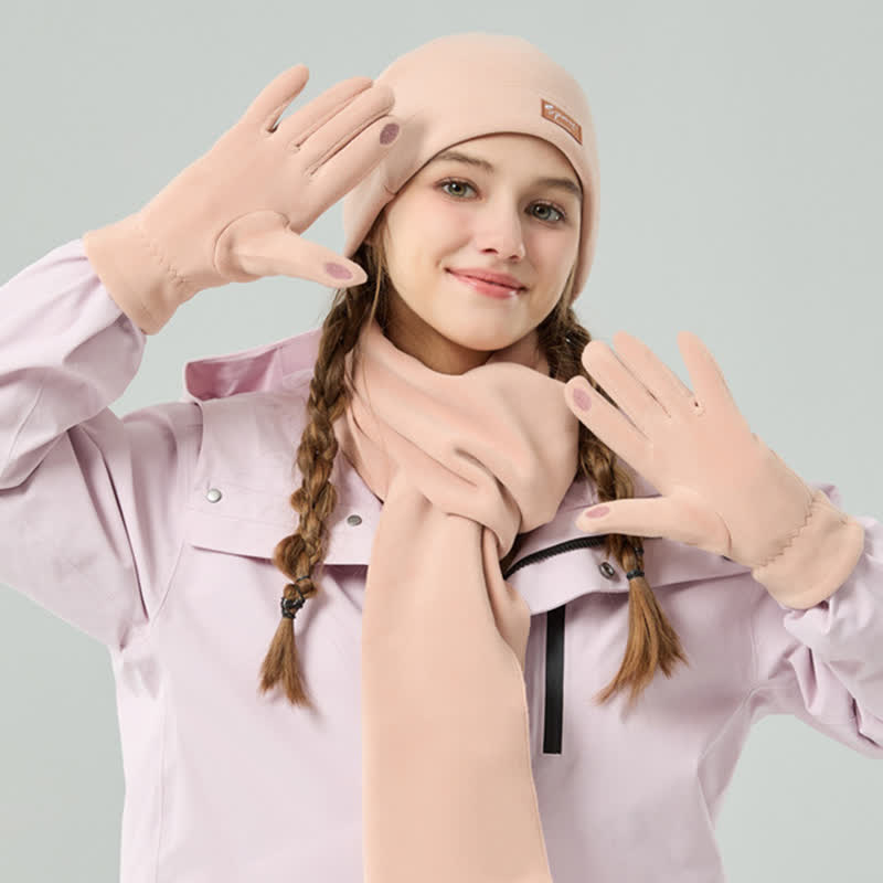 3Pcs Unisex Solid Color Polar Fleece Hat Scarf Gloves Set