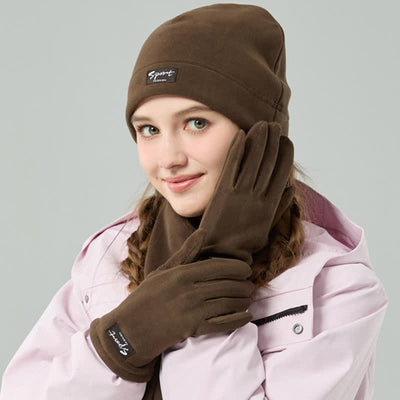 3Pcs Unisex Solid Color Polar Fleece Hat Scarf Gloves Set