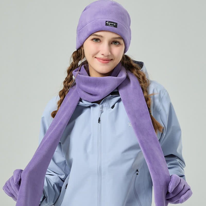 3Pcs Unisex Solid Color Polar Fleece Hat Scarf Gloves Set