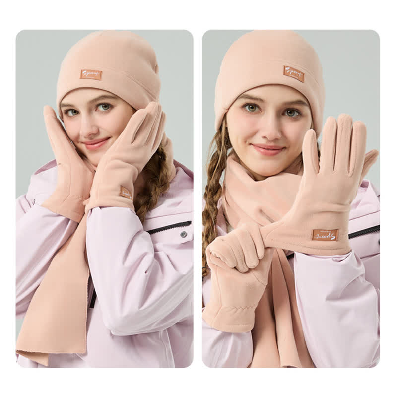 3Pcs Unisex Solid Color Polar Fleece Hat Scarf Gloves Set