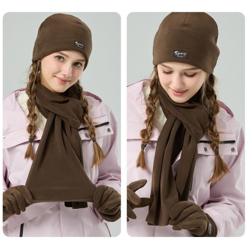 3Pcs Unisex Solid Color Polar Fleece Hat Scarf Gloves Set