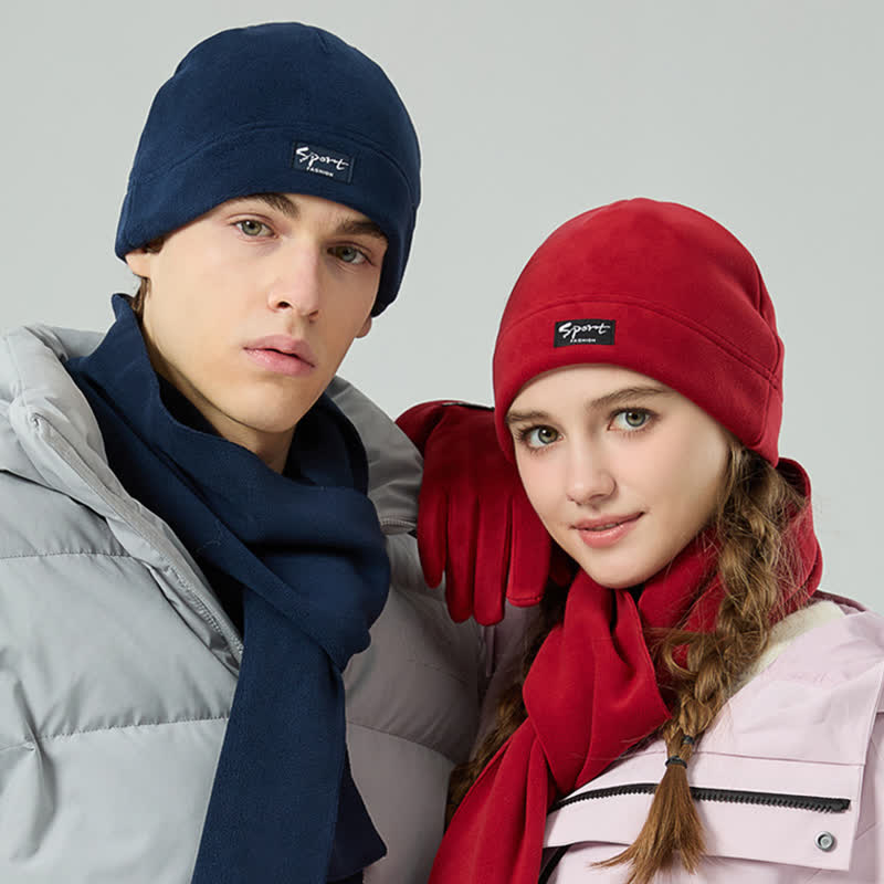 3Pcs Unisex Solid Color Polar Fleece Hat Scarf Gloves Set