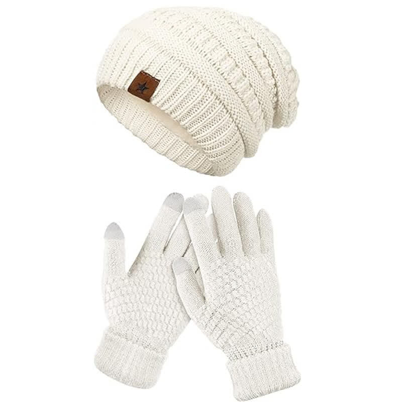 2Pcs Unisex Simple Solid Color Knitted Hat Scarf Gloves Set