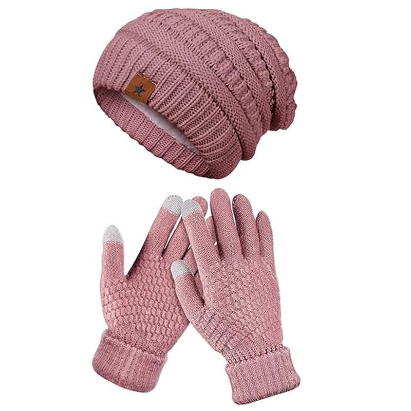 2Pcs Unisex Simple Solid Color Knitted Hat Scarf Gloves Set