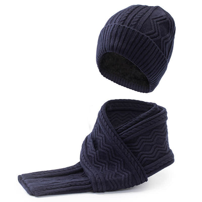 2Pcs Unisex Jacquard Solid Color Knitted Hat Scarf Gloves Set