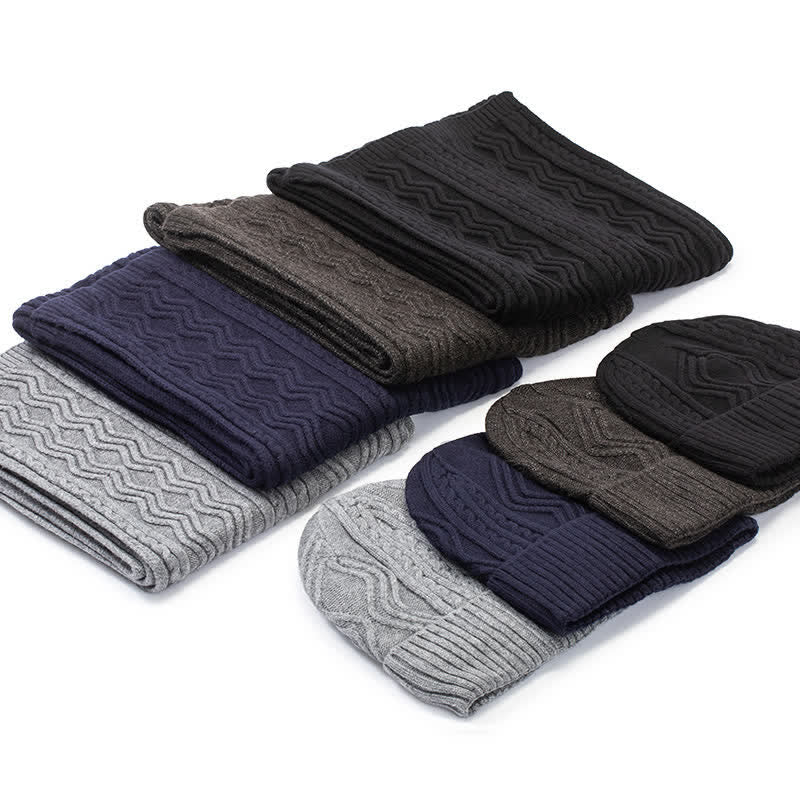 2Pcs Unisex Jacquard Solid Color Knitted Hat Scarf Gloves Set